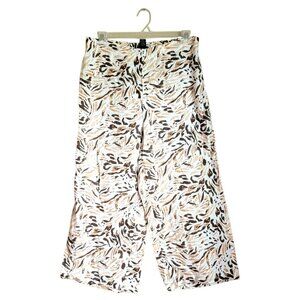 Tahari Wide Leg 100% Linen Pants Women's Size XL Animal Print Tan Flowy Side Zip